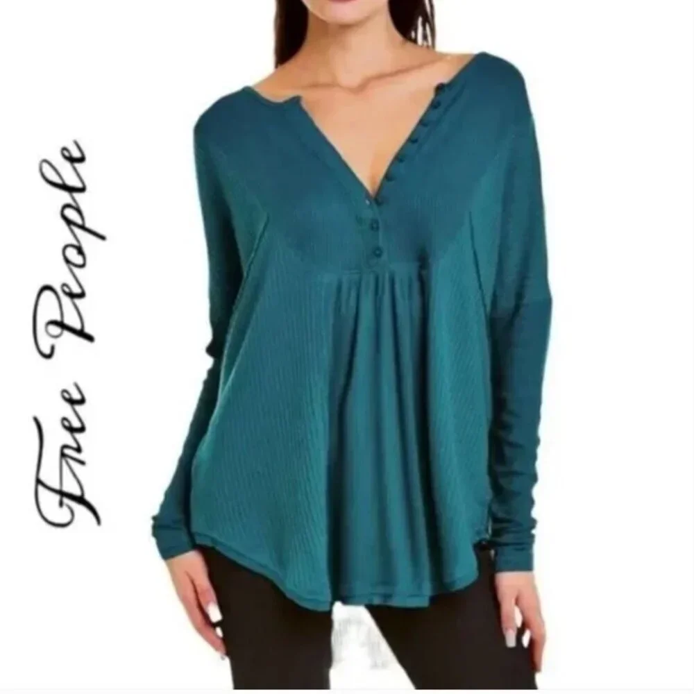 Free People Leo Henley Top Long Sleeve Shirt Flowy Blouse Evergreen Green XS